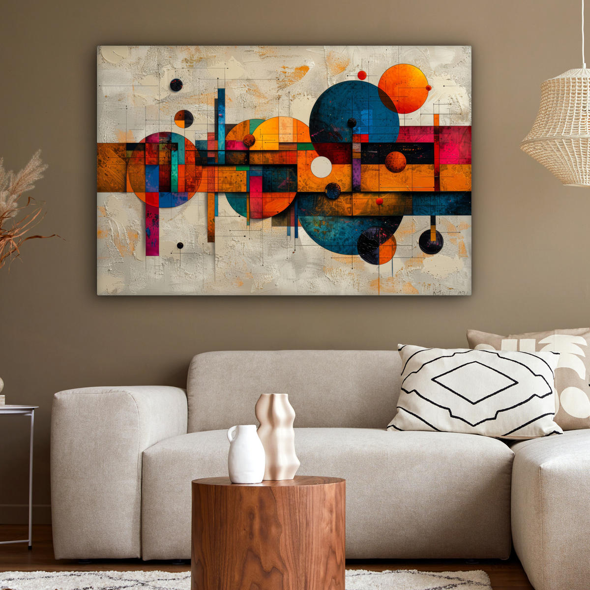 OBRAZ NA PLÁTNE Vintage - Moderné umenie - Oranžová - Geometrické tvary 120x80 cm - viacfarebná, textil (120/80cm) - MuchoWow