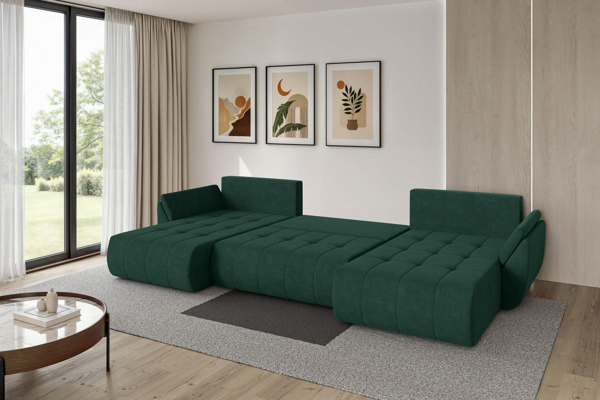SEDACÍ SOUPRAVA DO U s funkcí spaní a úložným prostorem TOKO-U 378x194x86 zelená velur - černá/zelená barva, kompozitní dřevo/textil (378/86/194cm) - ALTDECOR