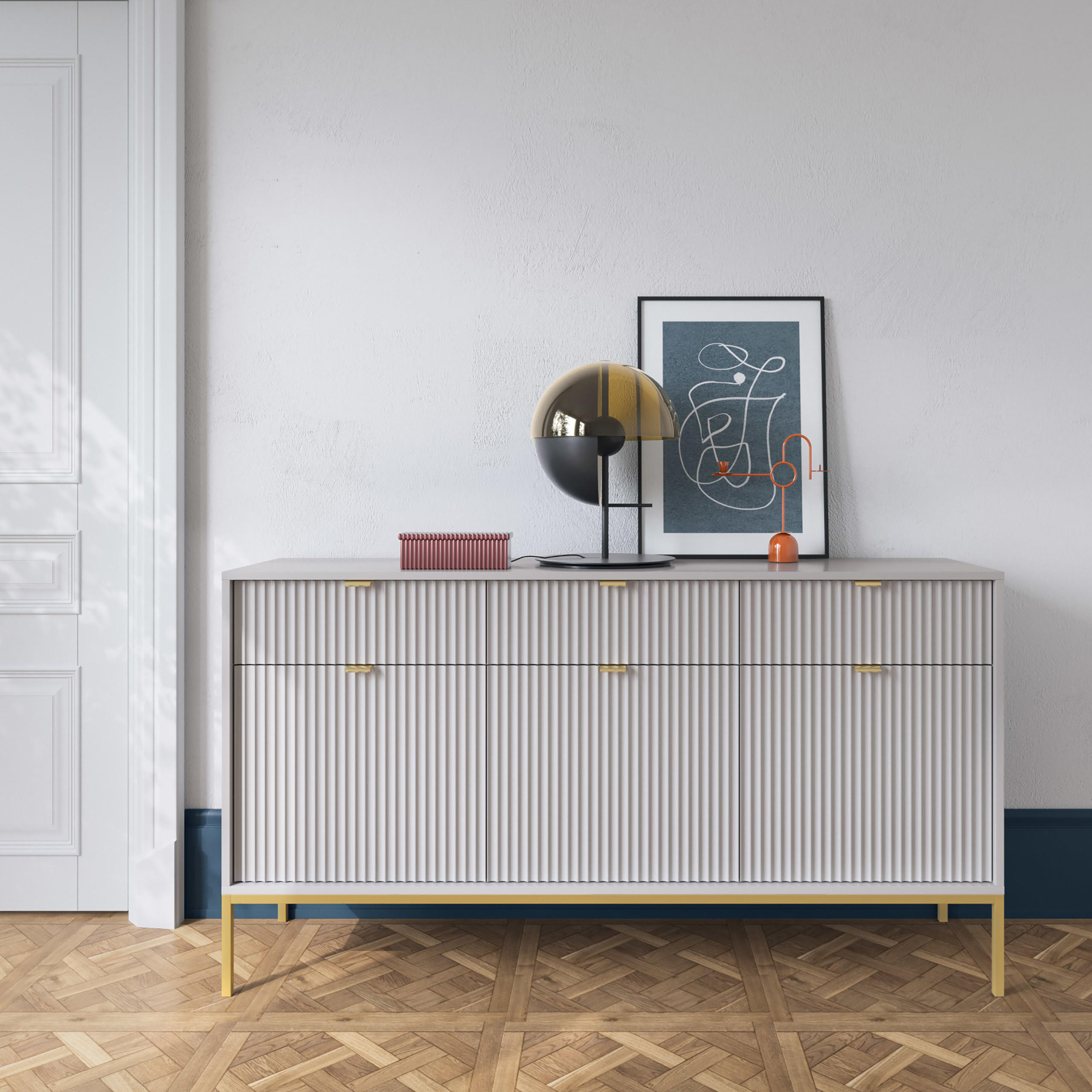 SIDEBOARD STELLARE 154/83/39 cm mit 3 Schubladen 3 Türen Grau - Goldfarben/Grau, Holzwerkstoff (154/83/39cm) - MASSENO