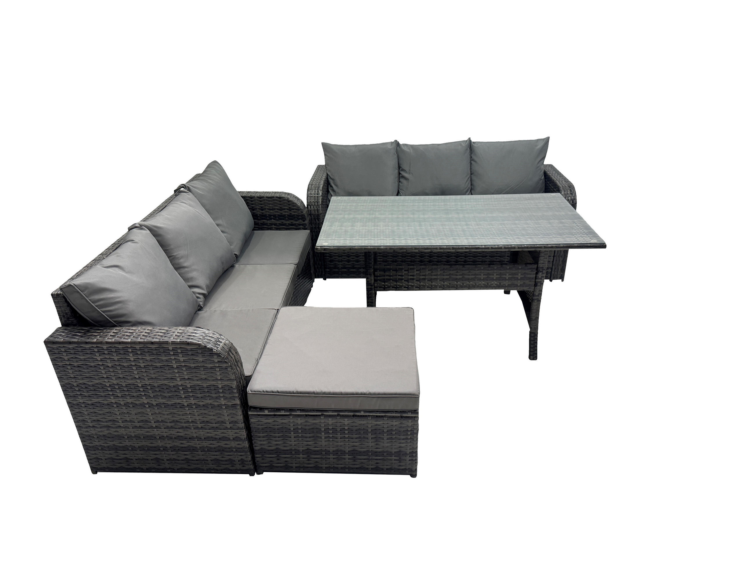 GARTENTISCHGRUPPE mit Beistelltisch Polyrattan Dunkelgrau 7-Sitzer - Dunkelgrau/Grau, Glas/Kunststoff - Fimous