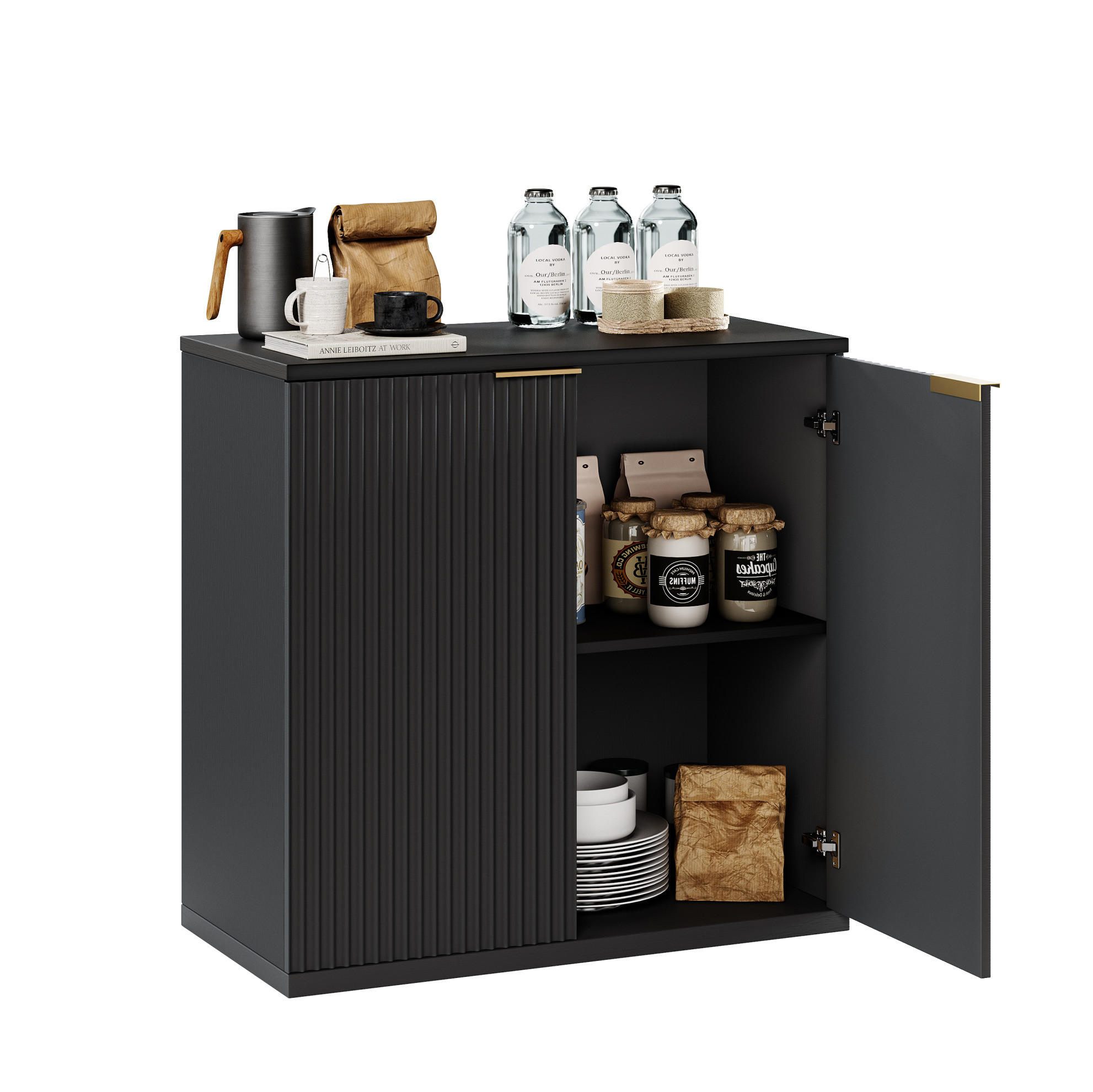 SIDEBOARD 80/40/80 cm in Schwarz mit 2 Türen und strukturierter Front - Schwarz, Holzwerkstoff (80/80/40cm) - Flora Grace
