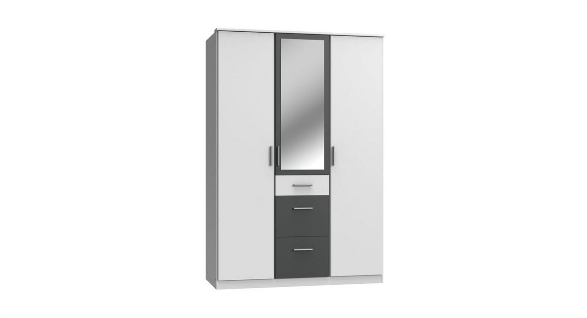 KLEIDERSCHRANK Joker in Weiß mit Graphit - Drehtürenschrank 3 türig mit Spiegel - Weiß, Holzwerkstoff (135/199/58cm)