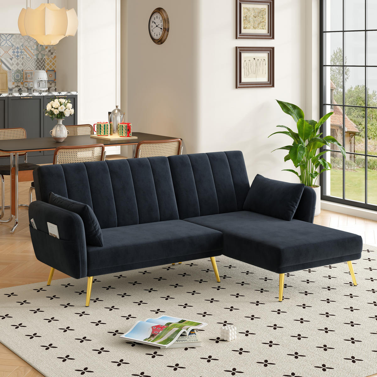 ECKSOFA L-Form Klappbett mit Zusatzecke Schlaffunktion Modern Schwarz - Schwarz, Holz (110.49/70.99cm) - FLIEKS