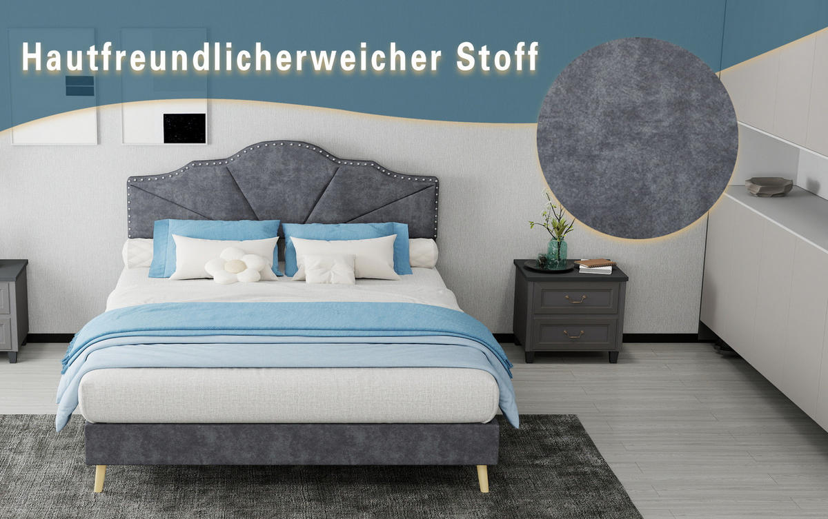POLSTERBETT 140/200 cm mit Matratze, geometrischem Kopfteil und Lattenrost, Grau - Grau, Textil (140/200cm) - Redom