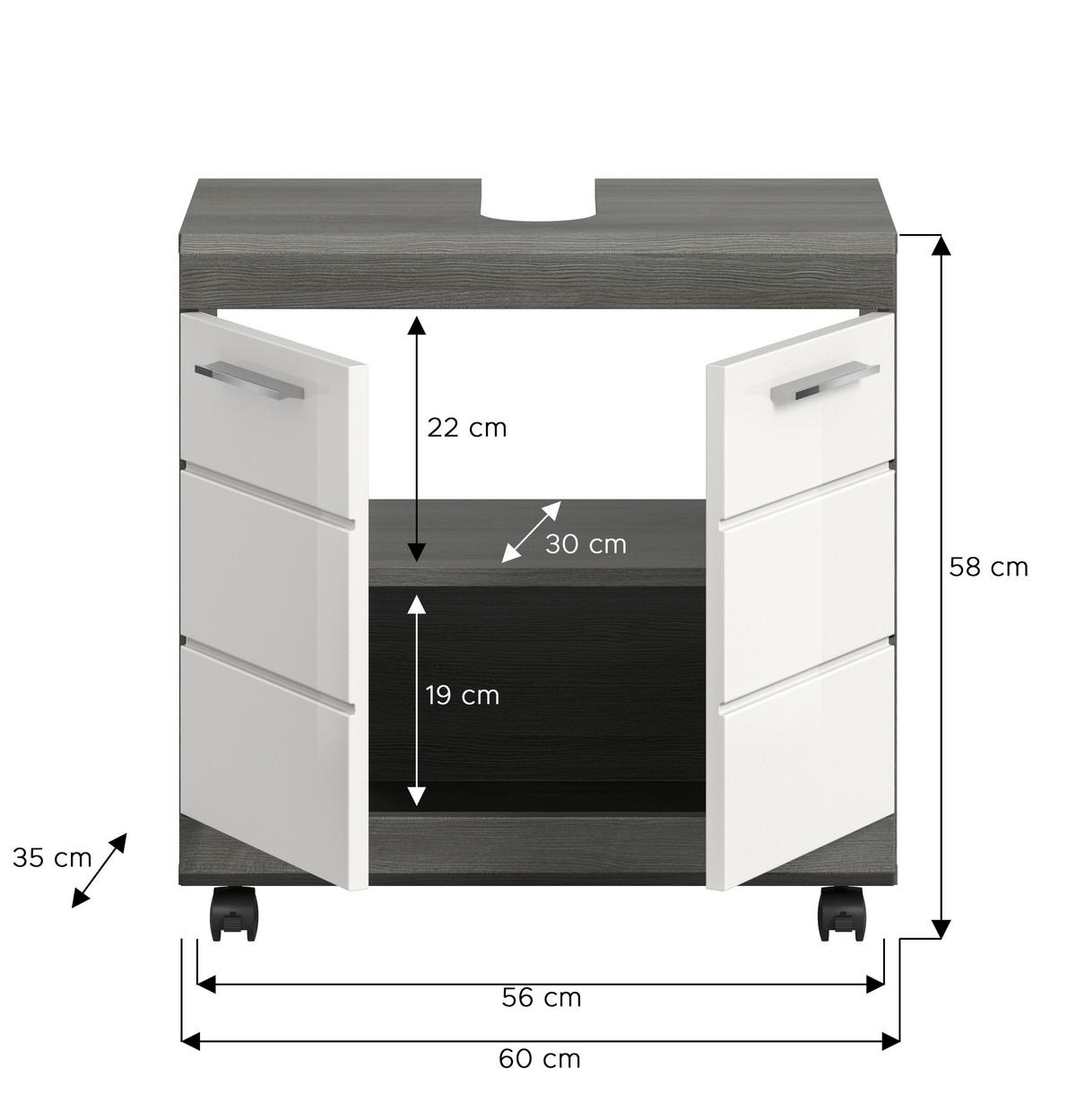 WASCHBECKENUNTERSCHRANK auf Rollen SCOUT (B/H/T: ca. 60/60/34 cm) in Rauchsilber Nachbildung/weiß hochglanz - Silberfarben, Holzwerkstoff (60/60/34cm)