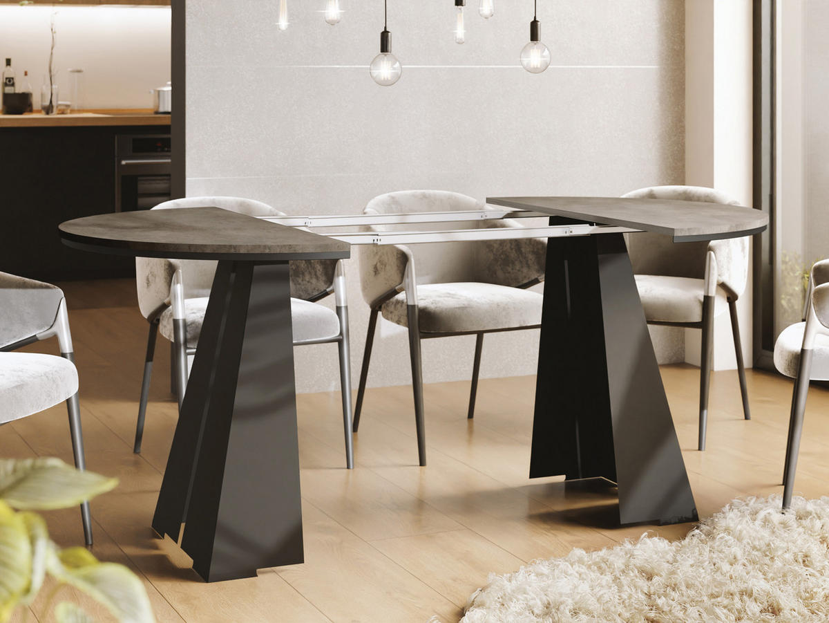 ESSTISCH Kova runder ausziehbarer, Dunkelgrauer Chicago Beton 120-200/120/76 cm - Dunkelgrau/Schwarz, Holzwerkstoff/Metall (120/120/76cm) - WFL GROUP