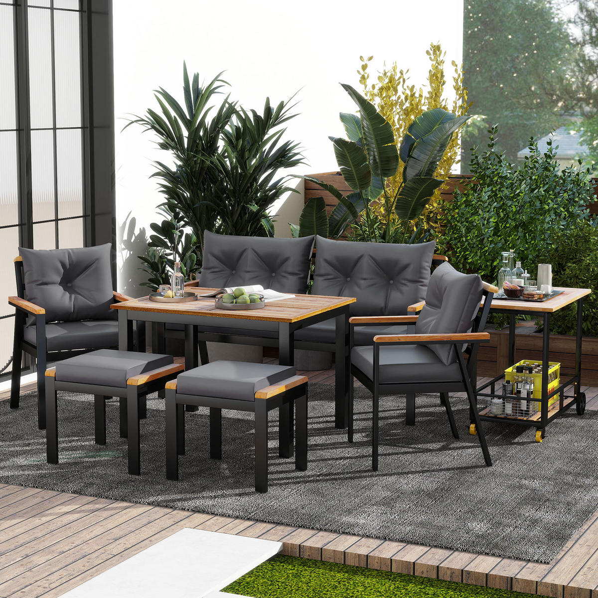 GARTEN-ESSGRUPPE Akazie Grauschwarz Schwarz Holzfarbe 7-tlg. - Grau, Holz - ComfortXL