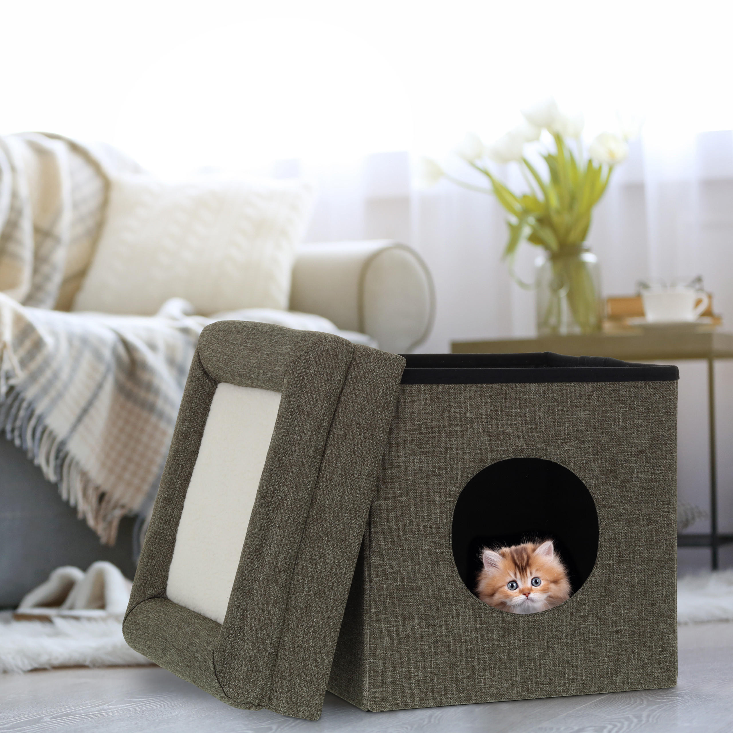 KATZENHÖHLE - Grau, Holzwerkstoff/Textil (38/44/38cm) - Relaxdays