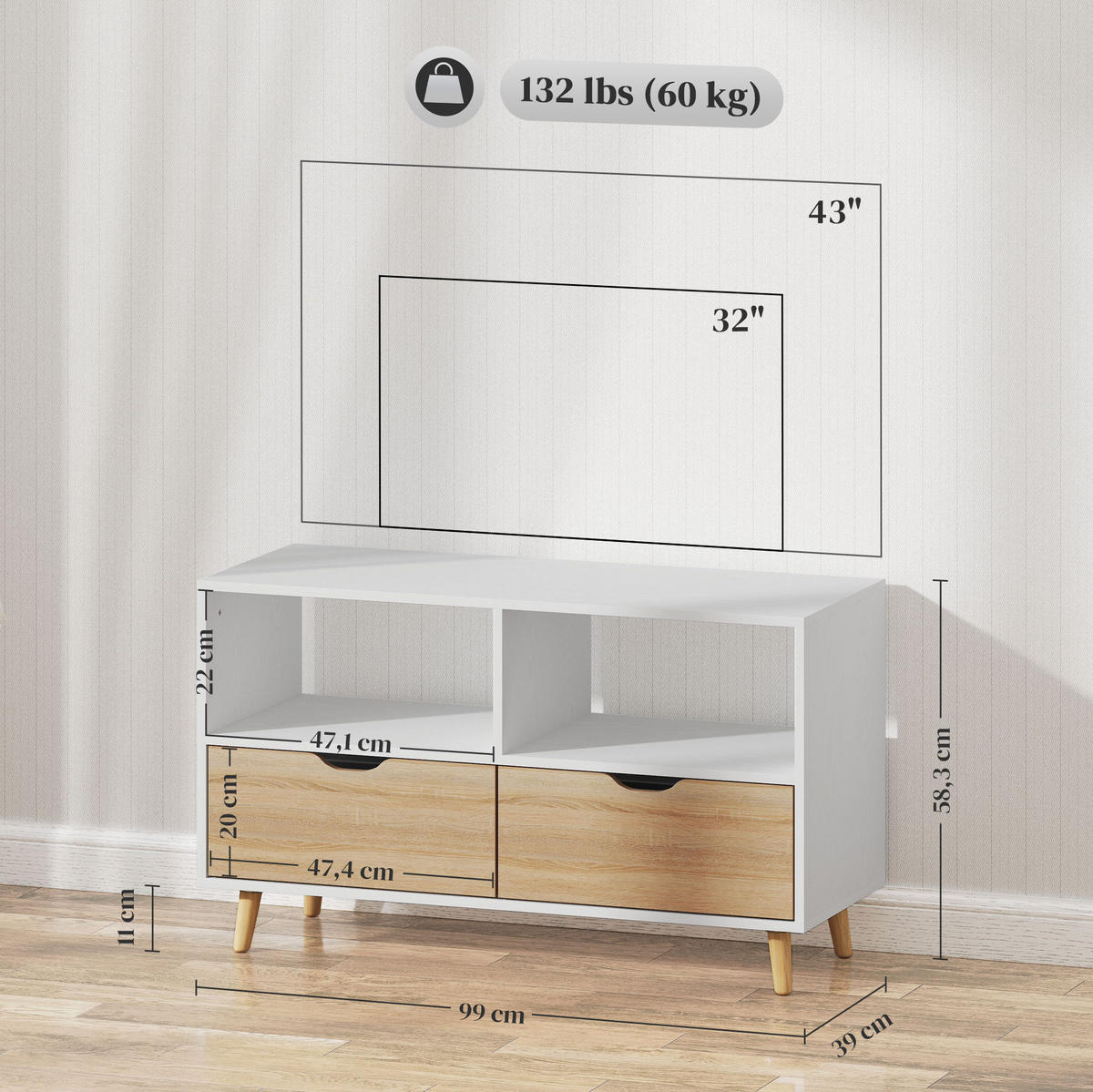 TV-LOWBOARD 99/39/58 cm weiß aus Holz mit 2 Schubladen - Weiß, Holzwerkstoff (99/58.3/39cm) - OKWISH