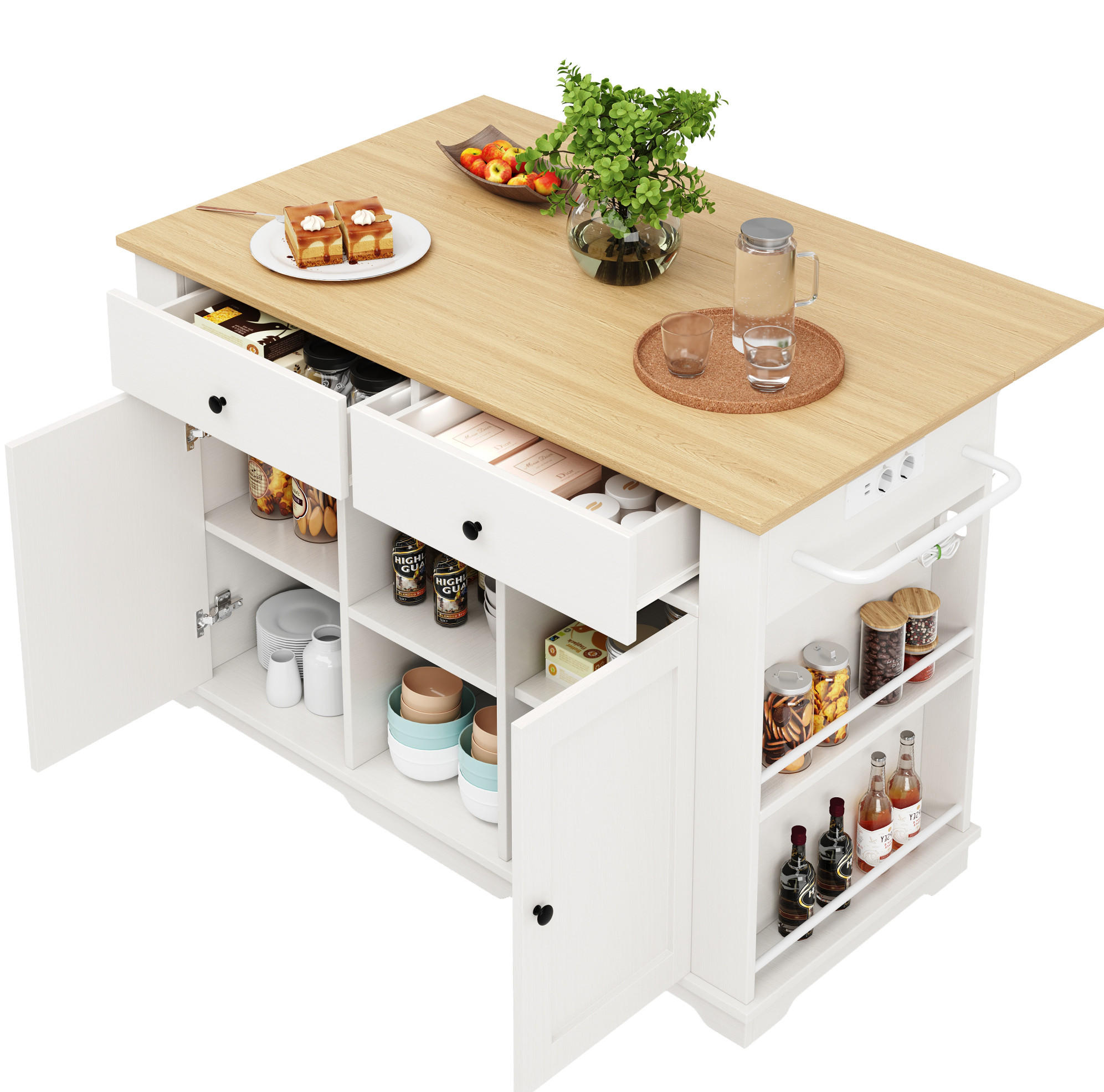 OKWISH KUCHYŇSKÝ ostrov 151,5/59,7/91,7 cm bílá a přírodní z MDF a kovu se zásuvkami a skládací deskou
