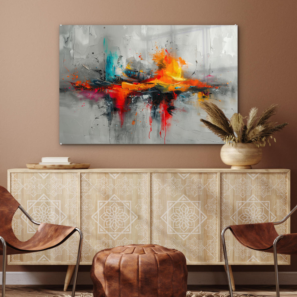 ACRYLGLASBILD Moderne Kunst - Orange - Grau - Abstrakt 120x80 cm - Hellgrau, Glas (120/80cm) - MuchoWow