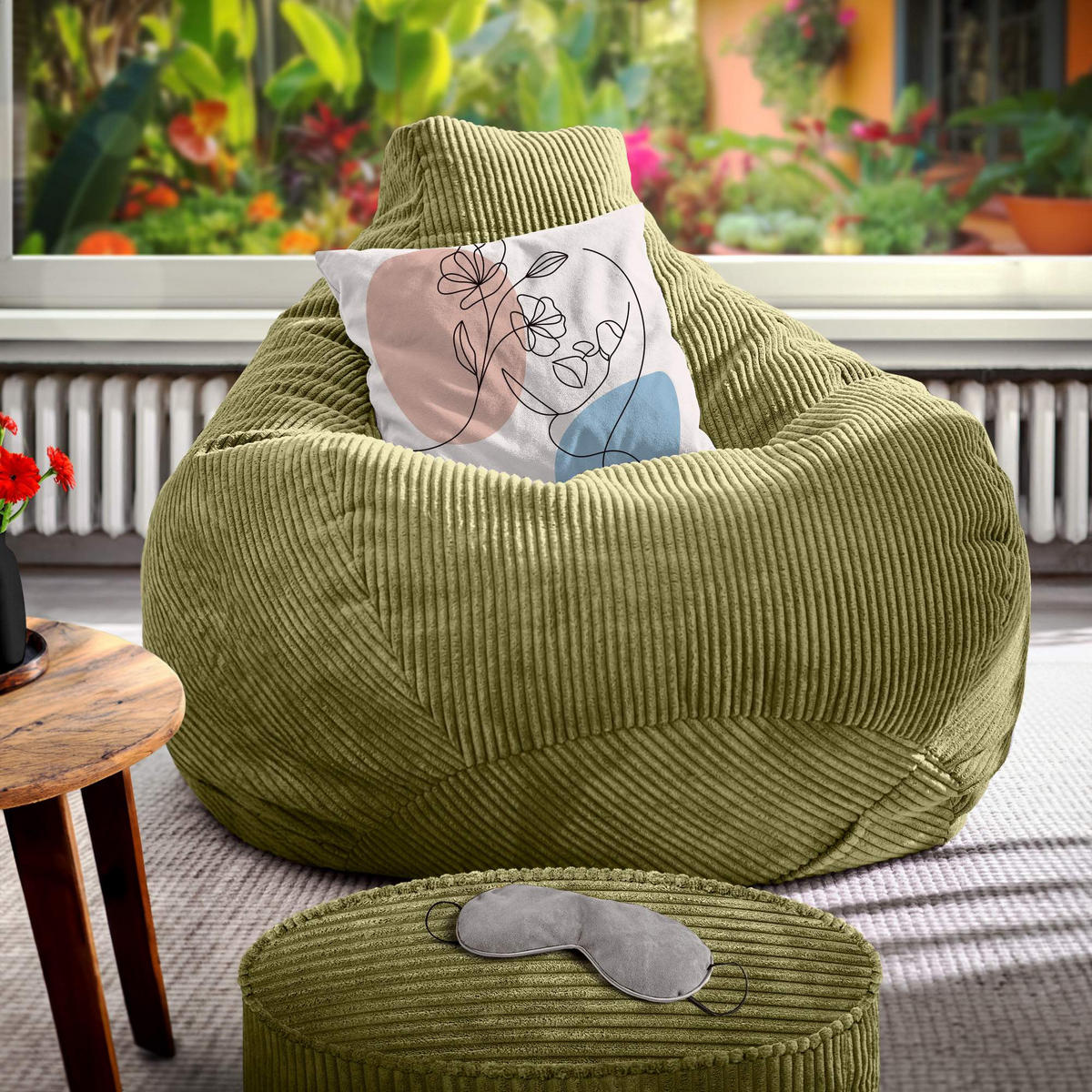 LOUNGE-SITZSACK Cozy + Fußhocker - Grün, Textil (80/90/90cm) - Green Bean
