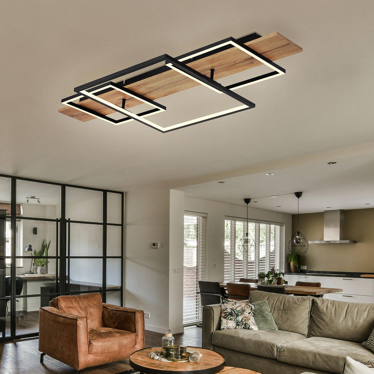 LED DECKENLEUCHTE Metall Braun Holzoptik - Braun, Holz (95/40/10cm) - Globo Lighting