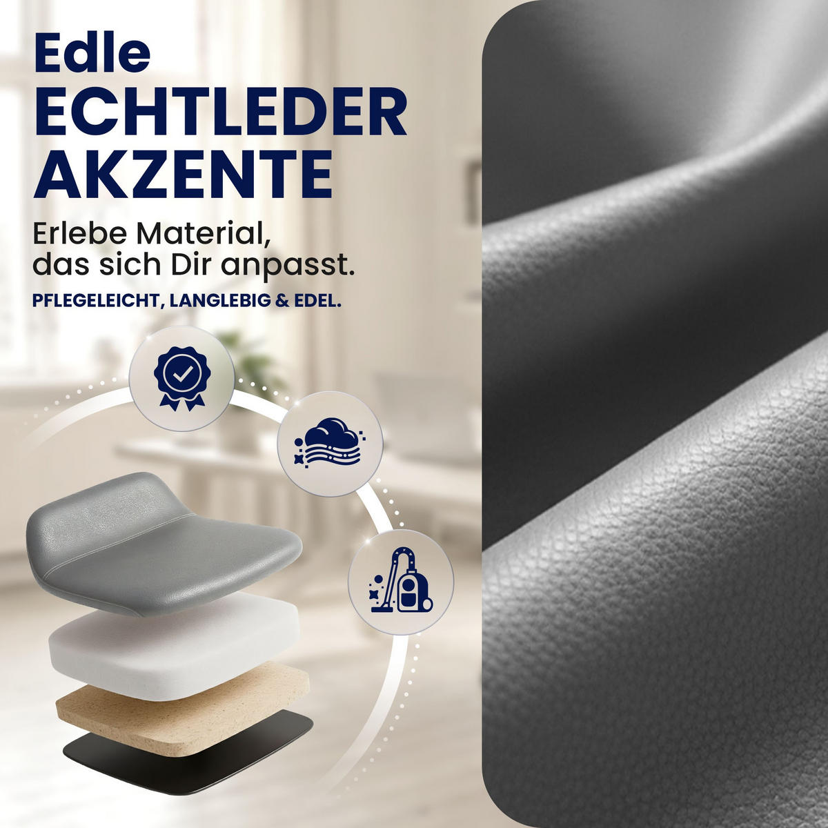 CHEFSESSEL Echtleder Grau - Chromfarben/Grau, Leder/Metall (69/118/64cm) - CLP