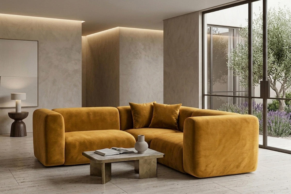 ECKSOFA Modulares, Corner Mini, Velvet-Stoff Bluvel, Golden, GRETA - Goldfarben, Holz (190/190cm) - Kaiser Möbel