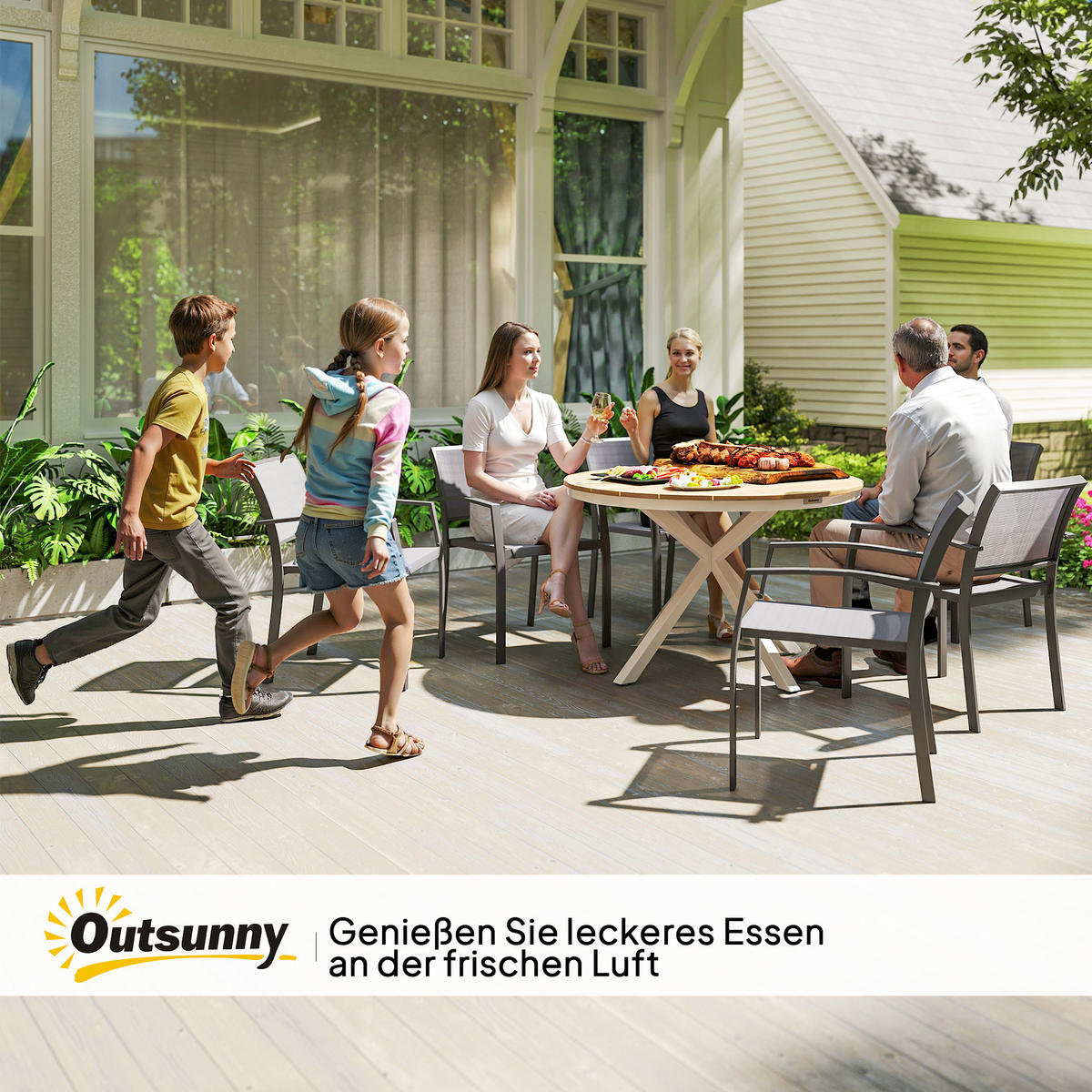 GARTENTISCH DE-07276 rund mit Lattendesign und Kreuzbeinen Teak - Teakfarben, Kunststoff/Metall (118/118/74cm) - ComfortXL