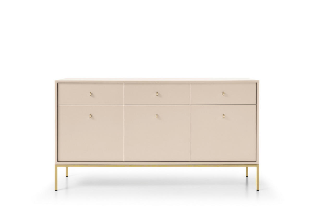 KOMMODE Molly Beige, Goldene Beine, Dreitürige mit Schubladen - Beige/Goldfarben, Holzwerkstoff/Metall (154/83/39cm) - Bettso