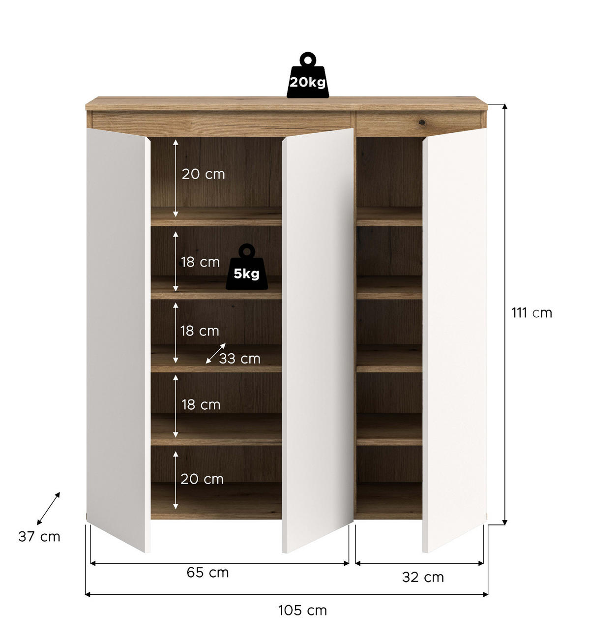 KOMMODE weiß, Evoke Eiche 105 x 11 cm, Anrichte mit 10 Fächern - Eichefarben/Schwarz, Holzwerkstoff/Kunststoff (105/111/37cm) - Inn.Furn