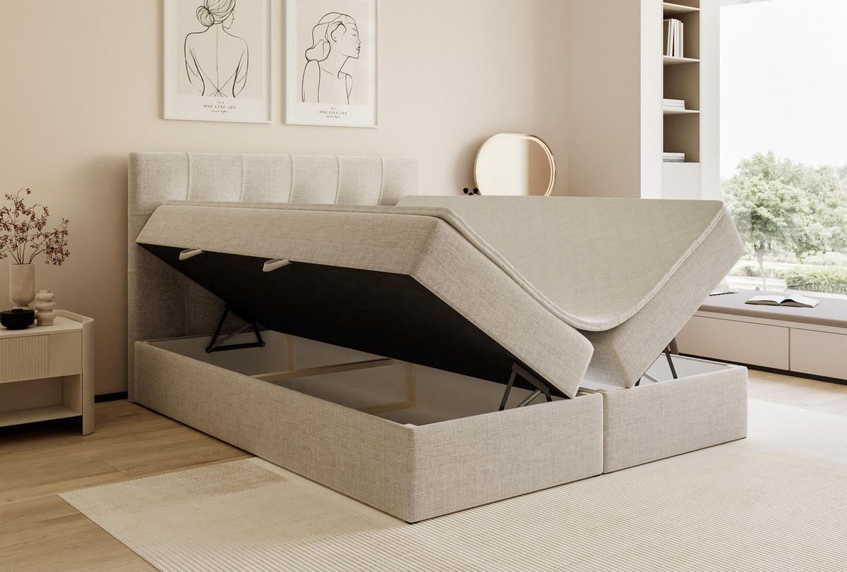 BOXBETT VENUS 200/200 cm, mit Matratze und Topper, Hellbeige - Sandfarben, Holzwerkstoff/Textil (200/200cm) - Idohome