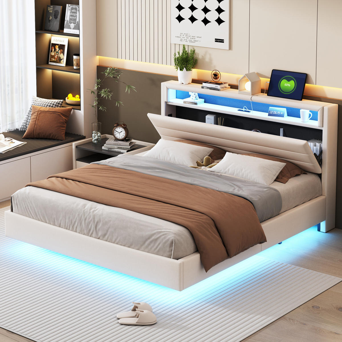 POLSTERBETT mit Stauraum und LED 160x200 cm Leinenstoff Beige - Beige, Metall (160/200cm) - Beauniv