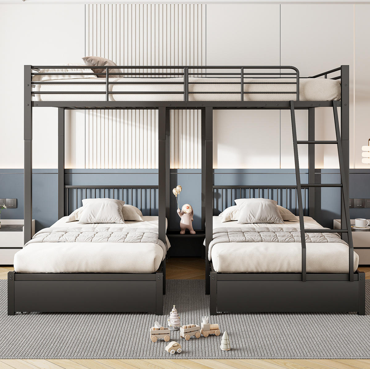ETAGENBETT 140/200 & 2x 90/200 cm teilbar, mit 2 Schubladen und Absturzsicherung, Schwarz - Schwarz, Metall (140/200cm) - Redom