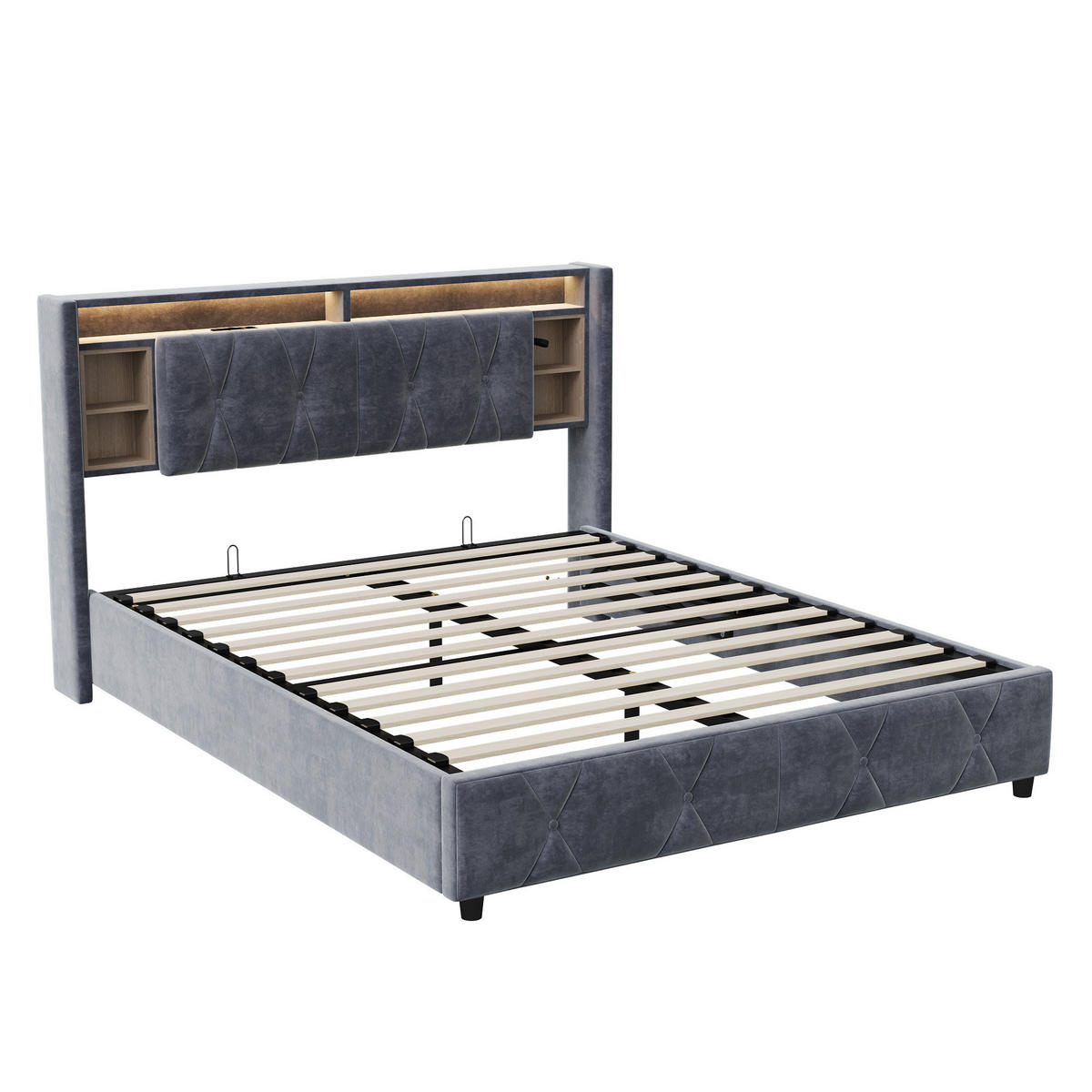 POLSTERBETT 160x200 cm LED Bettkasten USB Samt grau - Grau, Holz (160/200cm) - LEBENLANG