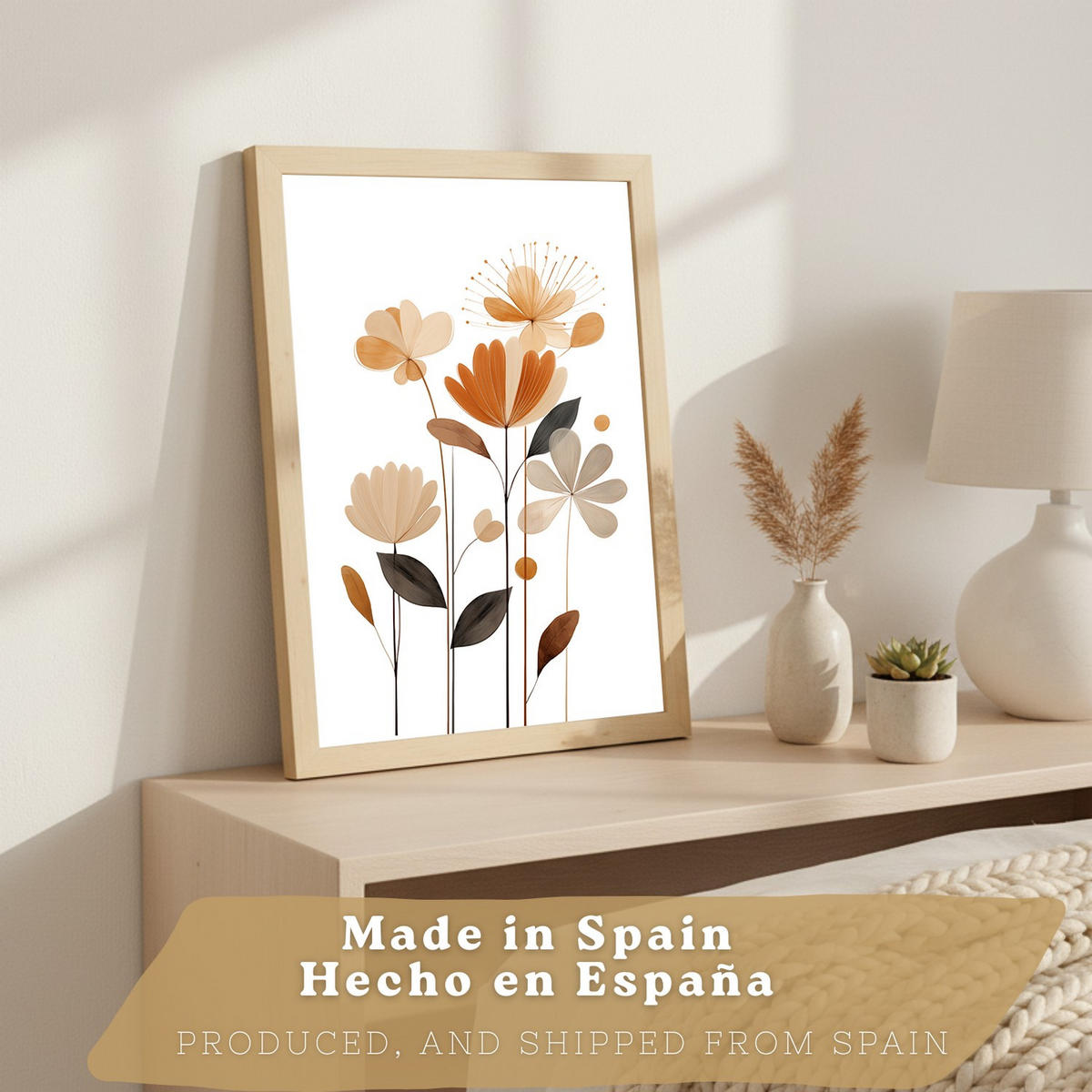 POSTER 3er-Set Wandbilder Orange Blumen modern Wohnzimmer Deko, Schlafzimmer, Küche, Badezimmer Leichter Holzrahmen A3 - Beige, Papier (29.7/1/42cm) - Nacnic