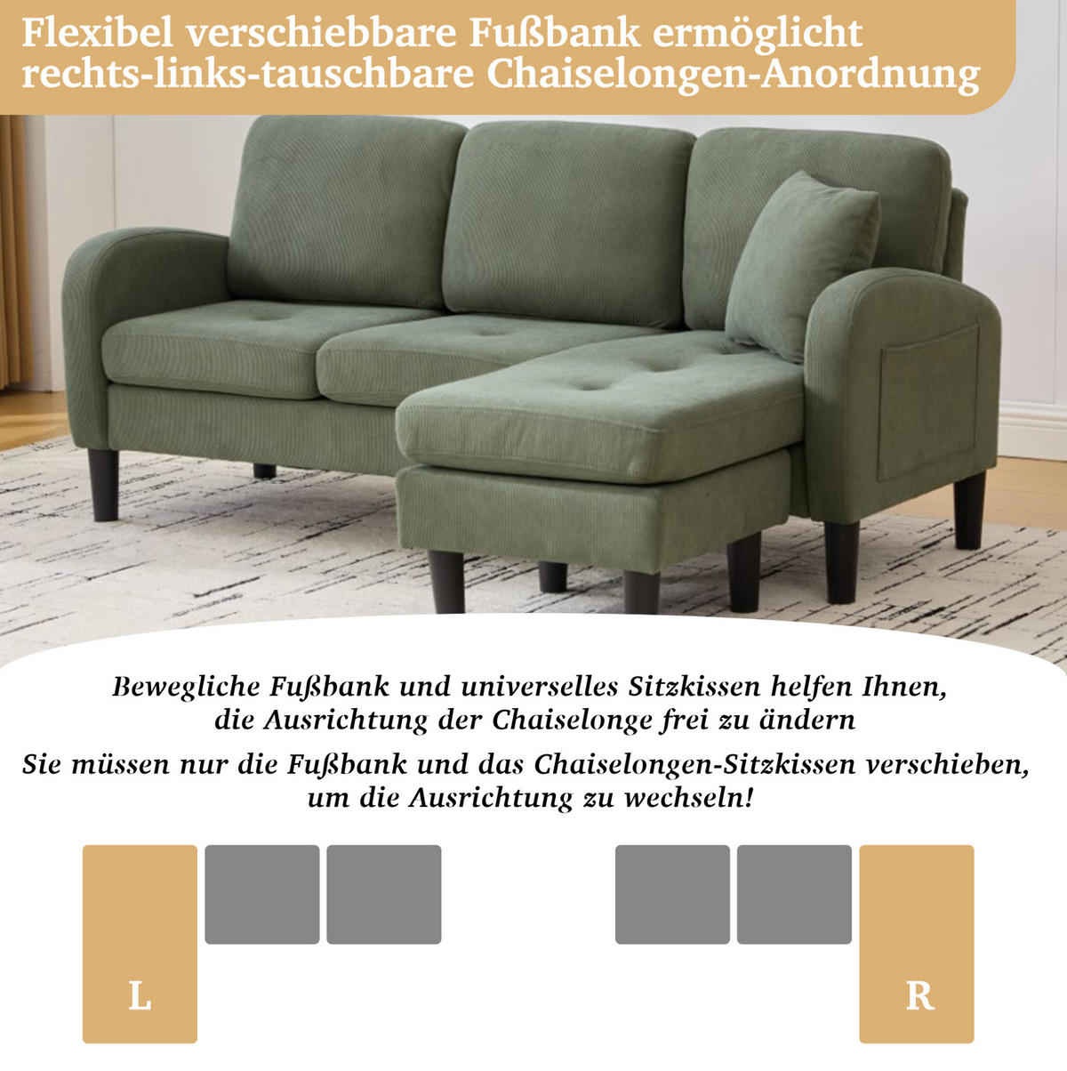 SOFA modular mit Chaiselongue 166 x 118 x 77 cm Cord Green 3-Sitzer - Grün, Kunststoff (166/118cm) - IVMEU