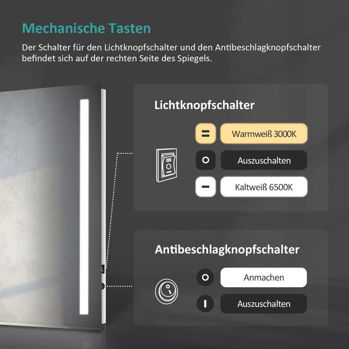 BADSPIEGEL mit Beleuchtung Kippschalter Rechteckig 80/60 cm - Weiß, Glas (60/3.5/80cm) - EMKE