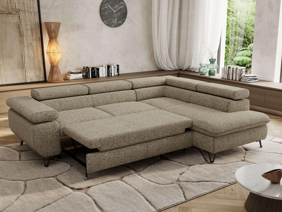 ECKSOFA PABLO L Dunkelbeige Struktur - Rechts Seite mit T25 Topper - Greige/Schwarz, Textil/Metall (273/208cm) - MKS