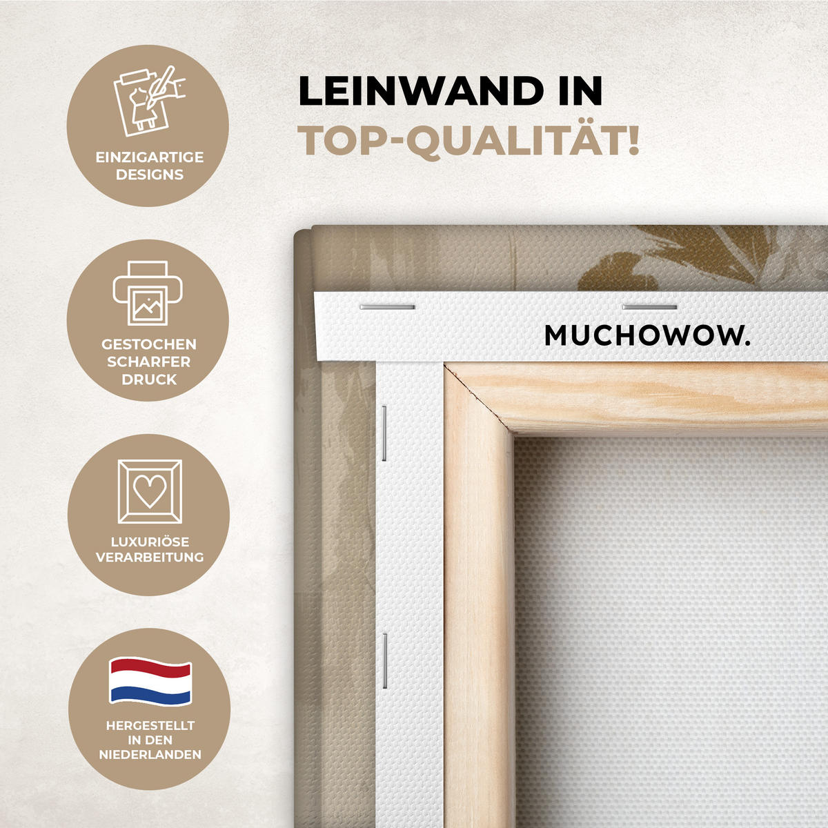 LEINWANDBILD Gesicht - Frau - Blätter - Gold Wandbild Wohnzimmer 50x50 cm - Beige, Textil (50/50cm) - MuchoWow