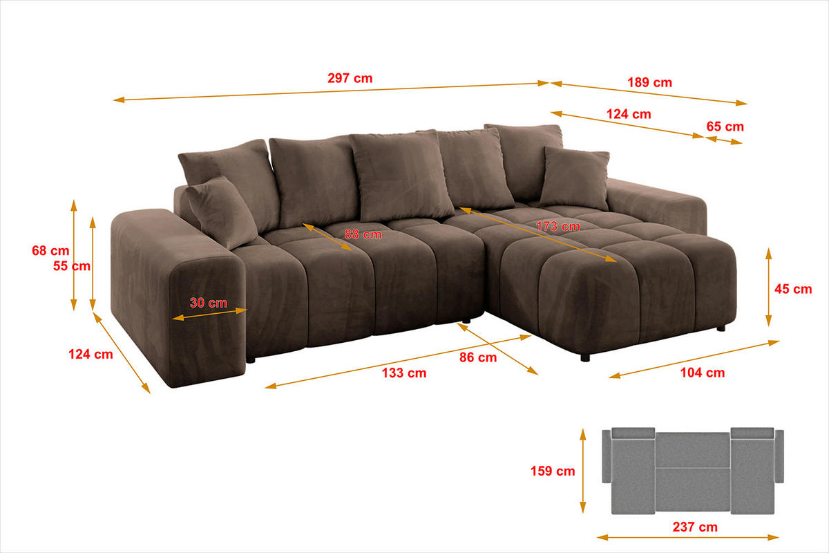 ECKSOFA Ottomane rechts ENIL-L 297x189x68 Braun Velours - Braun, Holzwerkstoff/Kunststoff (189/297cm) - ALTDECOR