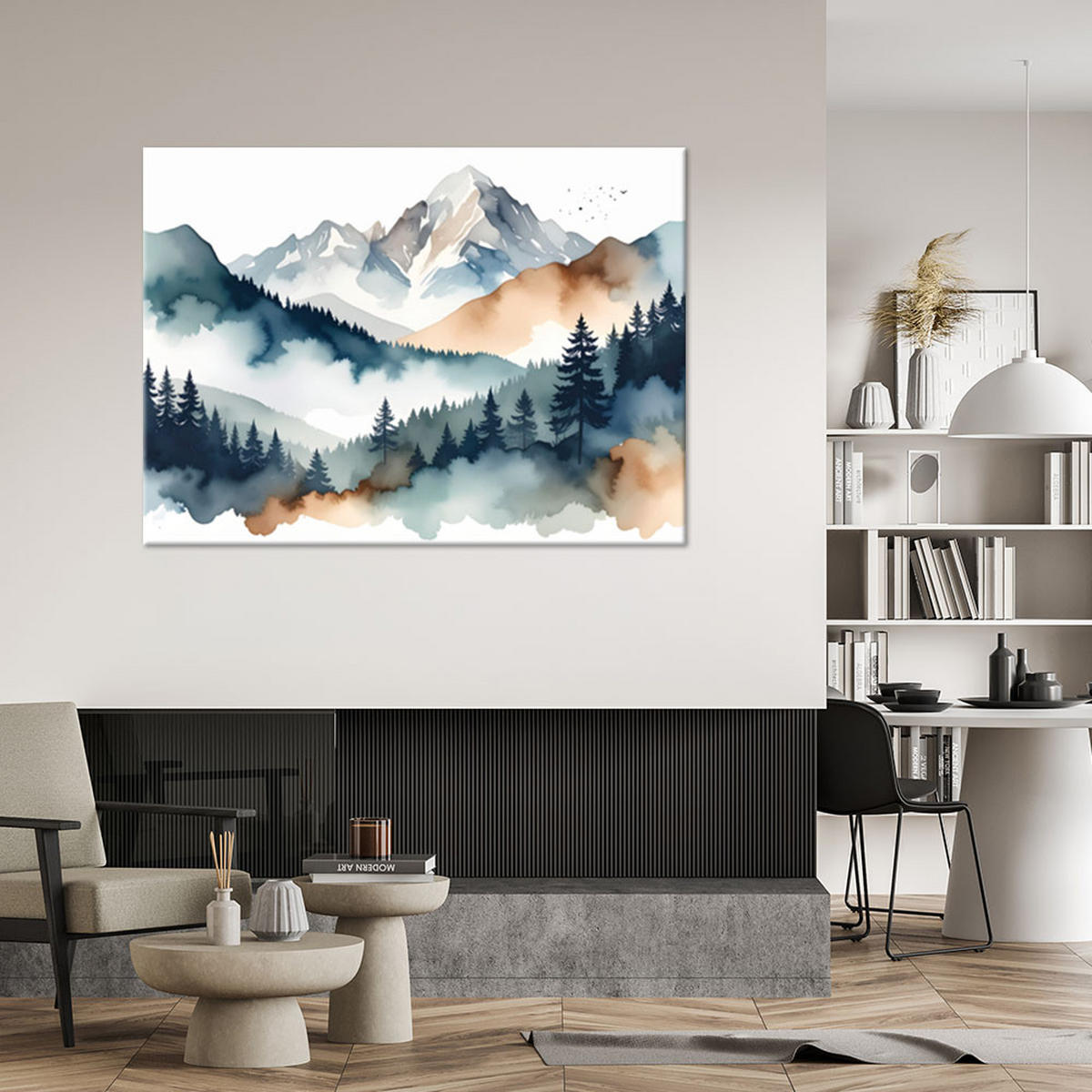 WANDBILD, Bergwald Pastell Landschaft - Blau, Textil (120/80cm) - Feeby