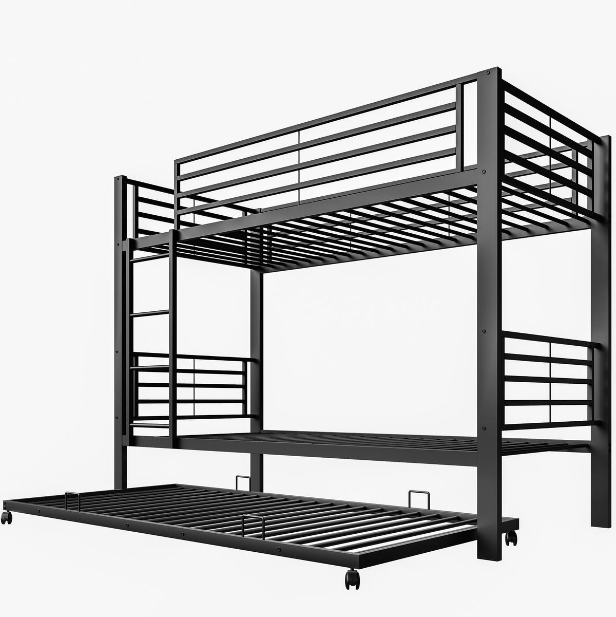 ETAGENBETT Metall 90x200 cm Schwarz mit Ausziehbett platzsparendes Kinderbett für 3 Personen - Schwarz, Metall (90/200cm) - Modfu