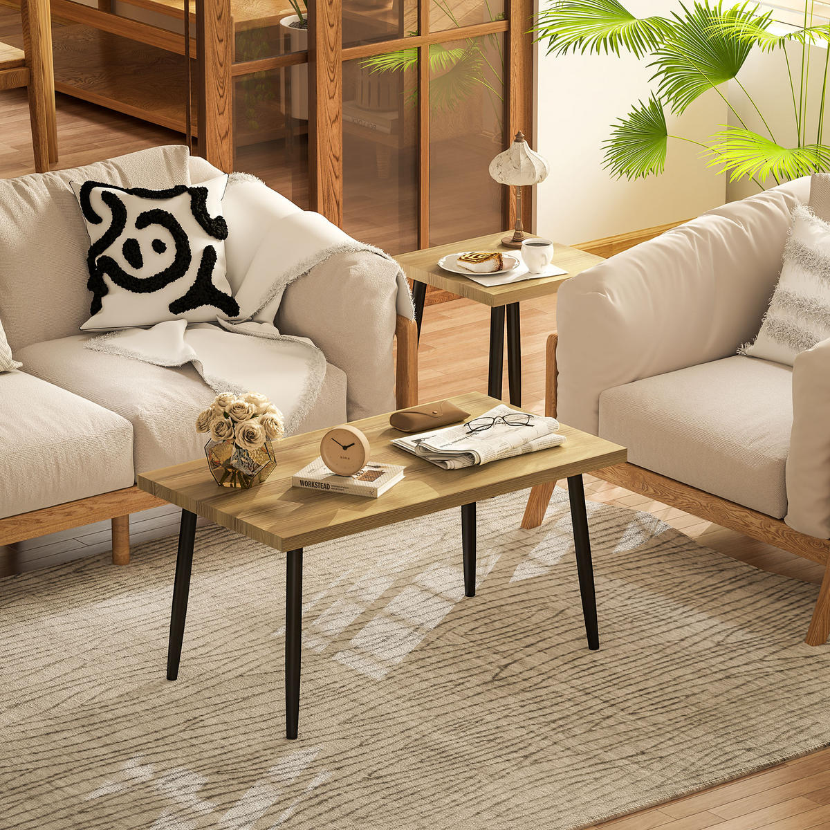 COUCHTISCH 2er Set Beistelltisch mit Stahlrahmen, für Wohnzimmer Natur - Naturfarben, Holzwerkstoff (90/50/45cm) - HOMCOM