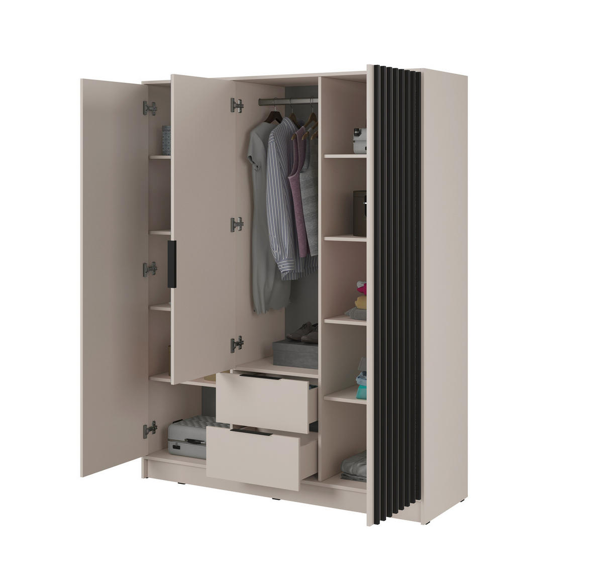 KLEIDERSCHRANK Stilo in Kaschmir, dreitürig, mit Spiegel und Lamellen an der Front - Kaschmir/Schwarz, Leder/Holzwerkstoff (155/200/51cm) - Ravio