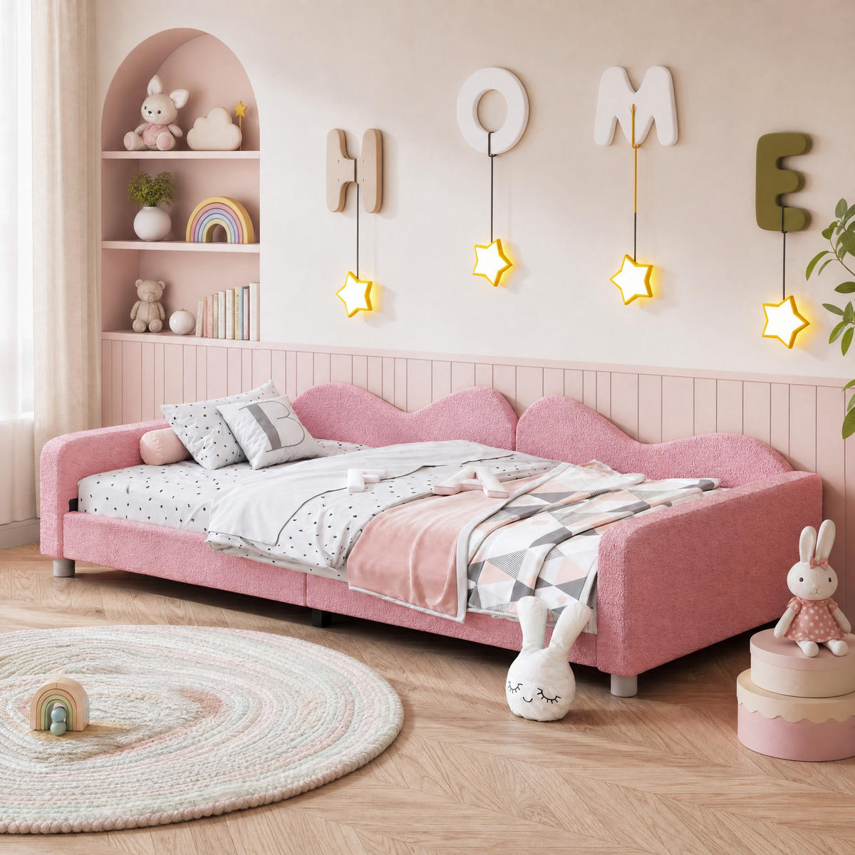KINDERBETT 90/200 mit Rückenlehne und Armlehnen aus Teddystoff in Rosa - Rosa, Holzwerkstoff/Textil (90/200cm) - EVRYAE