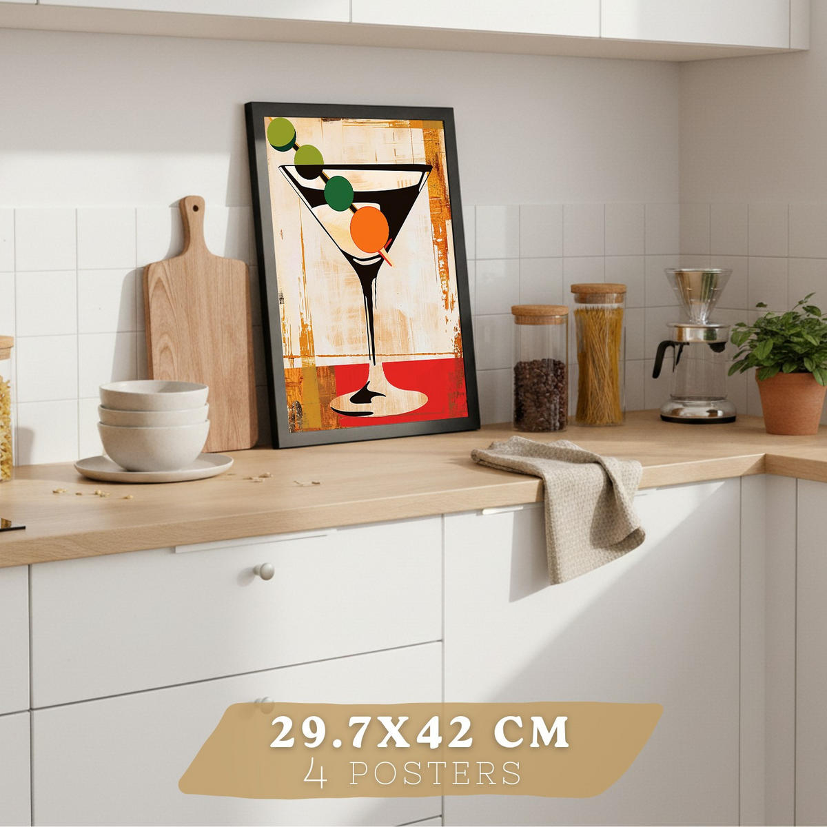 PLAKAT Sada 4 Vintage Cat A4 Černý rám - černá, papír (29.7/1/21cm) - Nacnic
