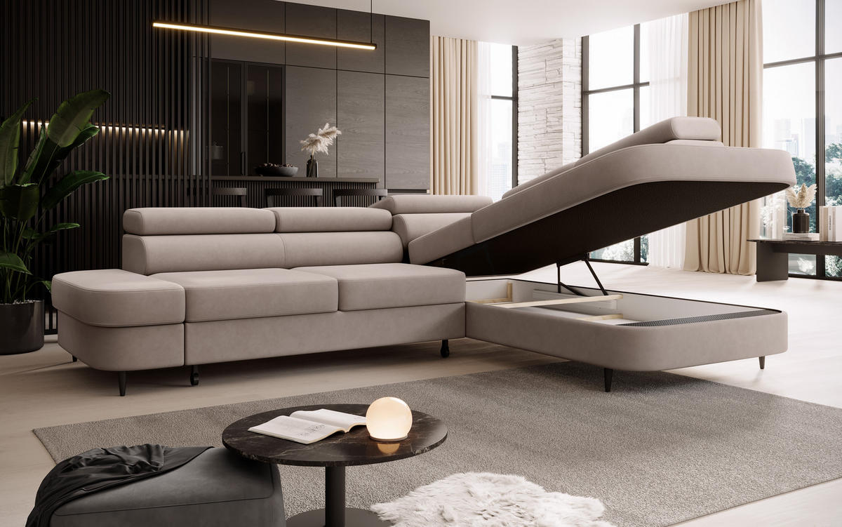 ECKSOFA Priam L-Form mit Schlaffunktion und Stauraum Modern Form Beige - Beige, Holz/Textil (275/203cm) - Muffo