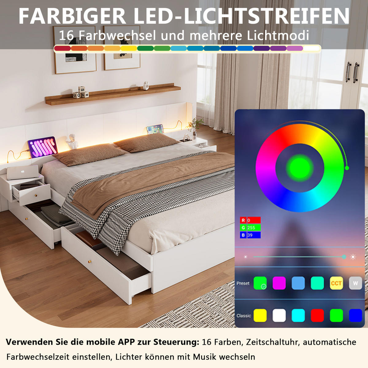 DOPPELBETT 180/200 cm in Weiß mit LED, USB, Steckdose, 2 Nachttischen & Schubladen - Weiß, Holzwerkstoff (180/200cm) - BEAOK