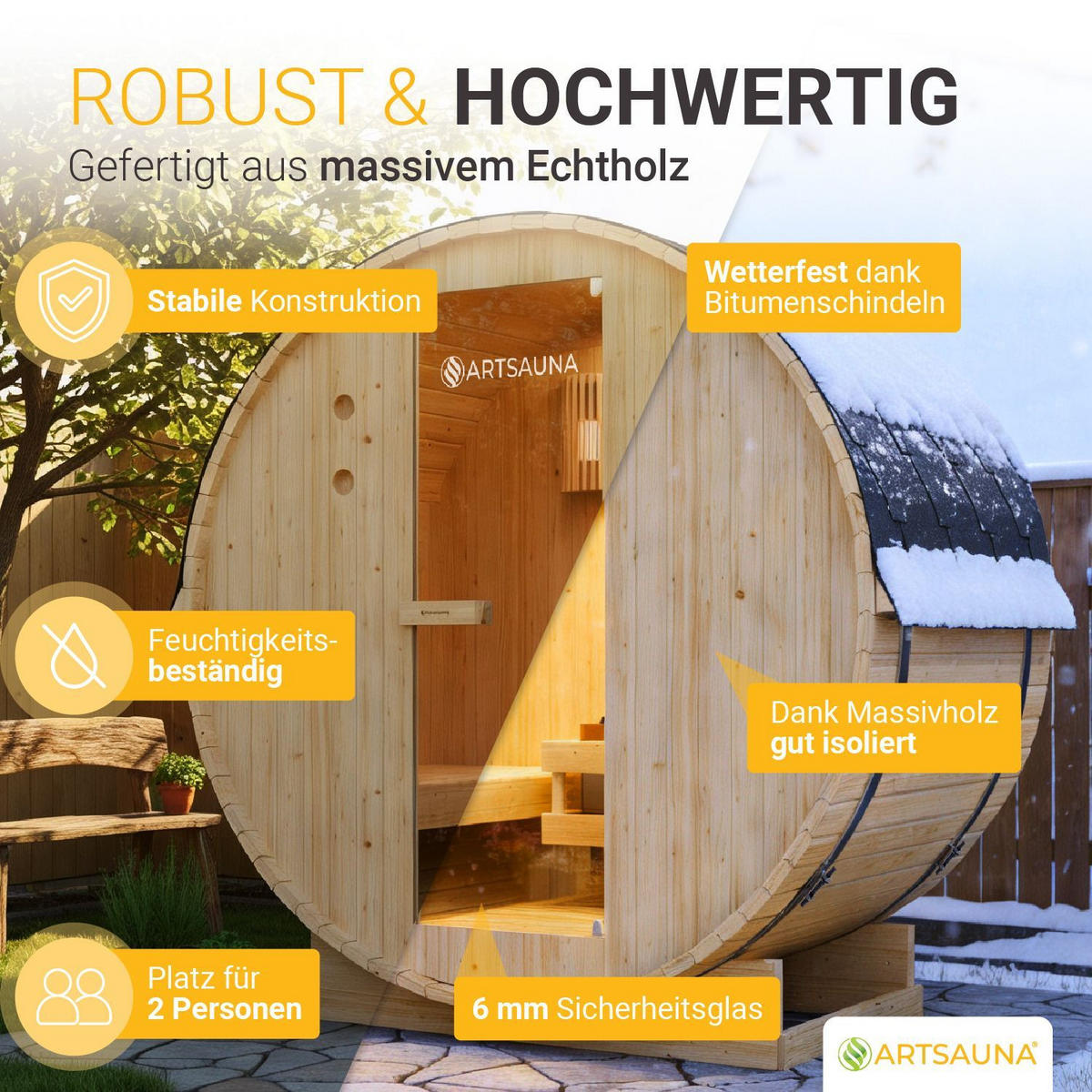 FASSSAUNA Spitzbergen 120 cm mit 3,6 kW Saunaofen (2 Personen) - Naturfarben, Holz (191/193/120cm) - Artsauna