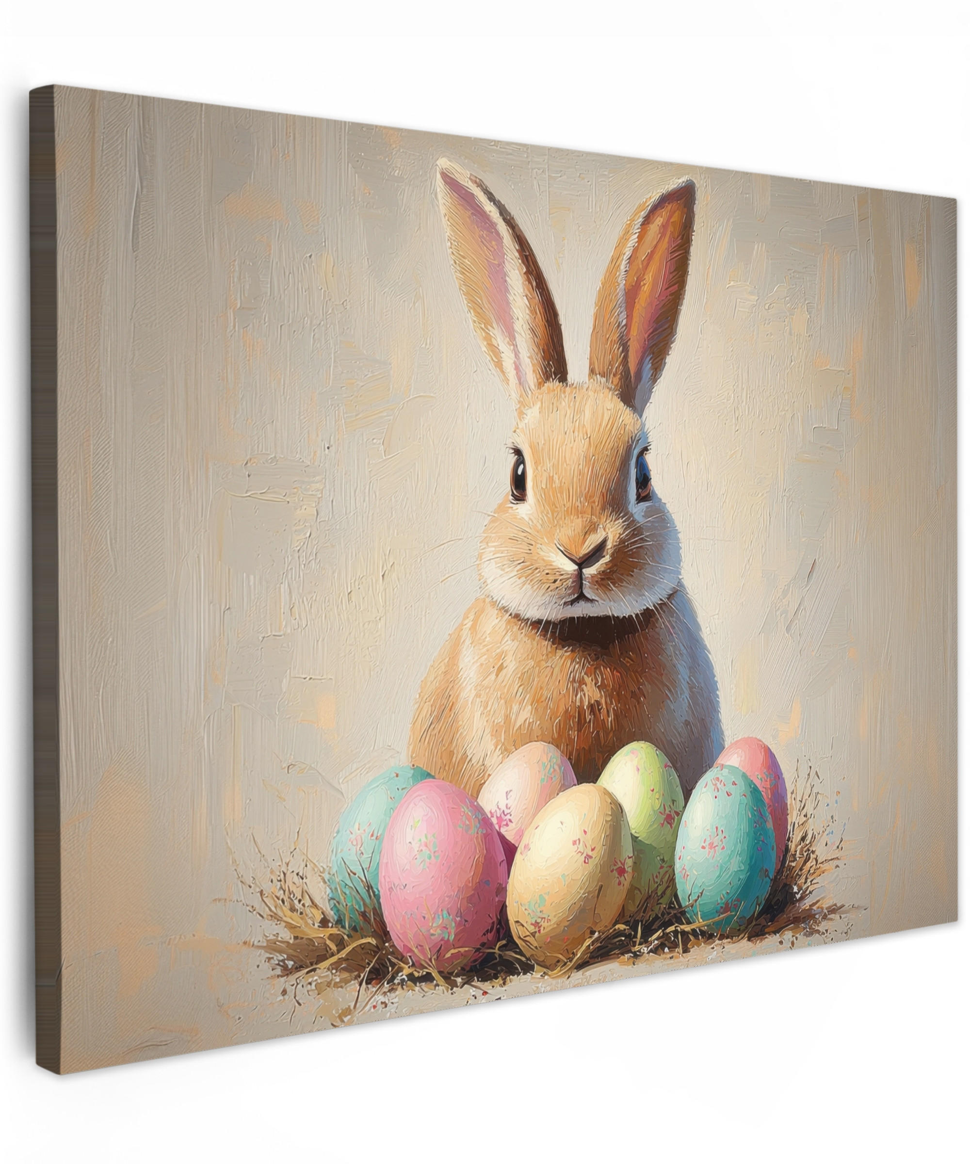 LEINWANDBILD Osterhase - Pastell - Eier Wandbilder 80x60 cm - Beige, Textil (80/60cm) - MuchoWow