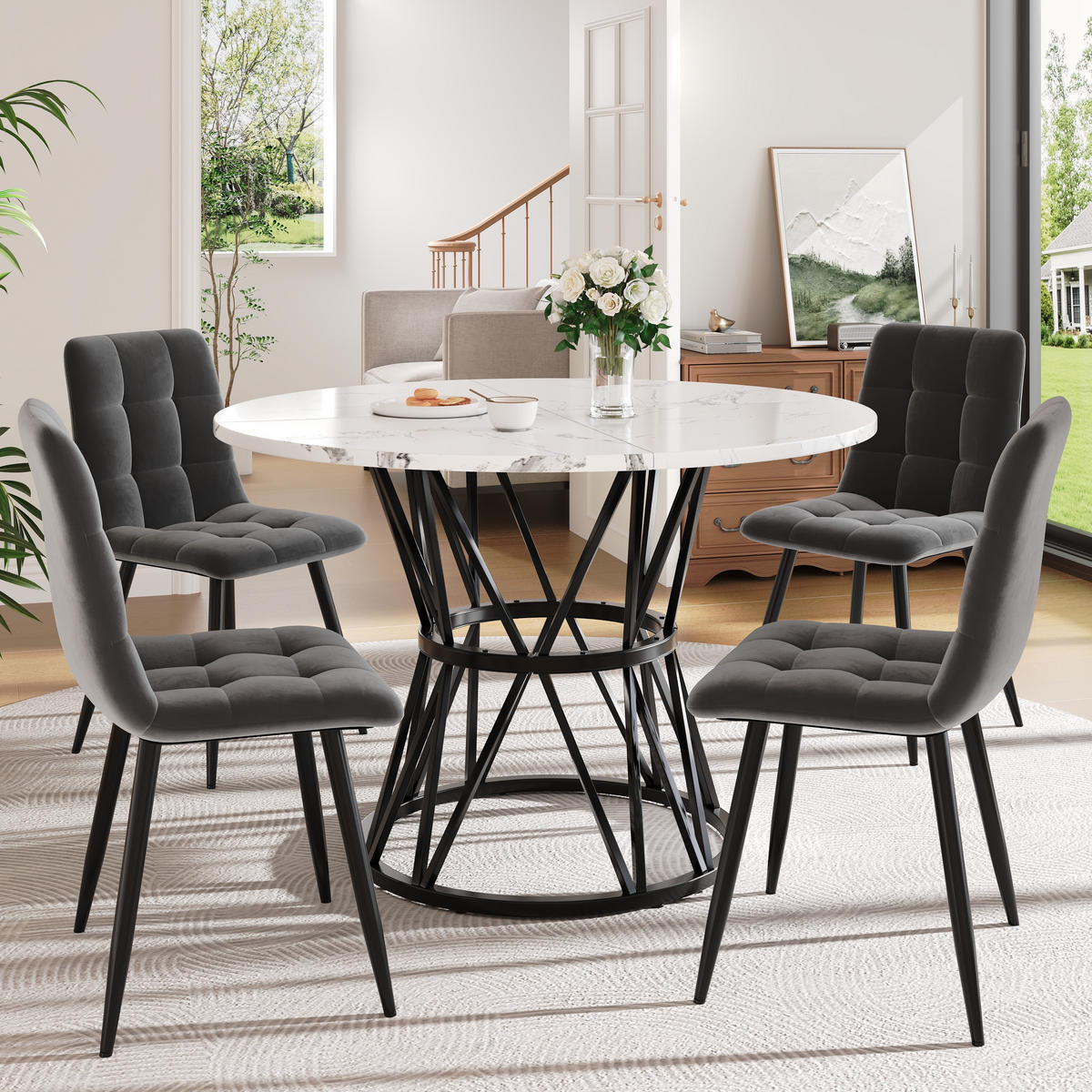 ESSTISCHSET 5-Teilig Rund 100 Cm, MDF Marmor, 4 Graue Samtstühle, Schwarz - Schwarz, Holzwerkstoff (65.99/27.99/70cm) - FLIEKS