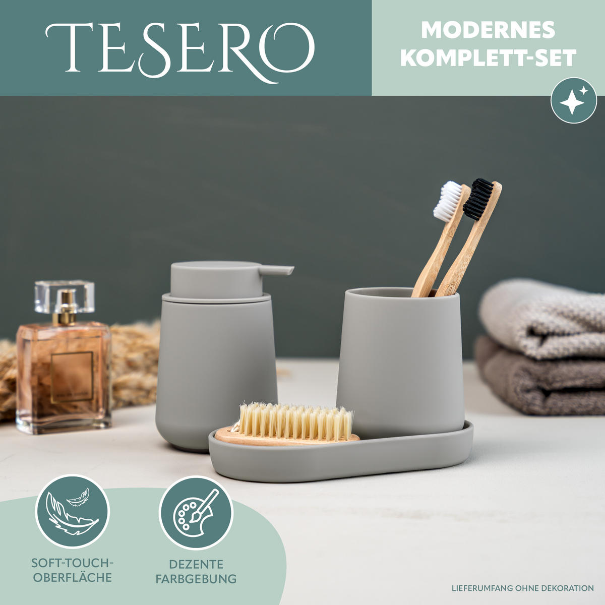 BAD-ACCESSOIRES-SET TESERO, Soft-Touch, taupe - Taupe, Kunststoff (18.5/13.5/10cm) - eluno