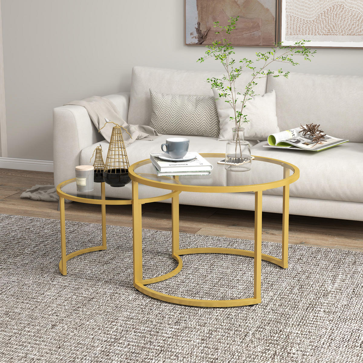 COUCHTISCH DE-15751 2er-Set nestbar mit Glasplatten Gold - Goldfarben, Metall (70/70/47.5cm) - ComfortXL