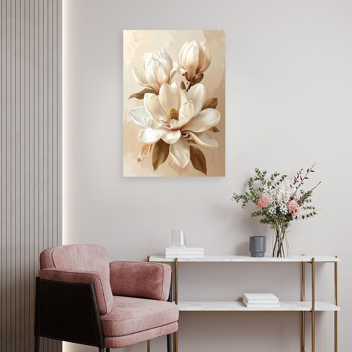 LEINWANDBILD, Cremefarbene Magnolien mit braunen Blättern in einem klassischen Stil - Beige, Textil (40/60cm) - Feeby