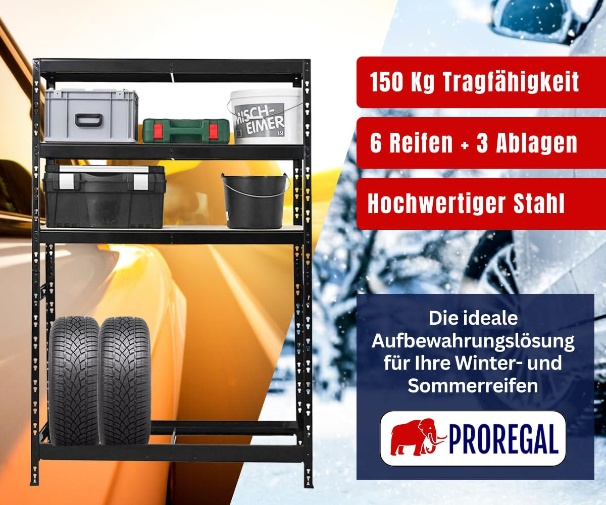 REIFENREGAL Tiger 180x120x40 cm bis zu 6 Reifen auf 1 Ebene + 3 Ablagen Schwarz - Schwarz, Metall (120/180/40cm) - PROREGAL
