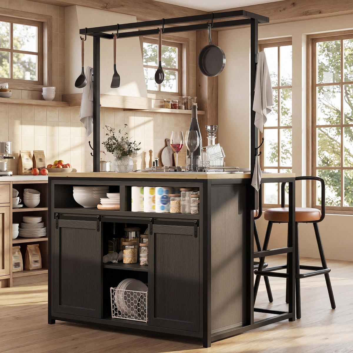 KÜCHENINSEL Küchenschrank mit Arbeitsplatte STROMANSCHLUSS Holzoptik Schwarz 107/62/183 cm - Schwarz, Kunststoff (62/183/107cm) - Rolipo