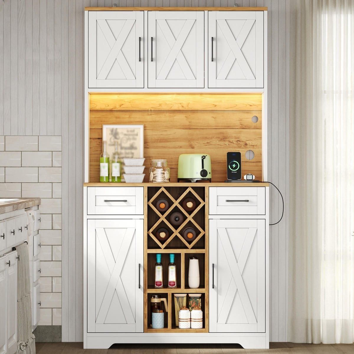 KÜCHENSCHRANK MIT LED-BELEUCHTUNG UND STECKDOSE, mit Weinregal, MDF, Scheunentor-Design, für Esszimmer, 105/40/180 cm - Naturfarben, Kunststoff (40/180/105cm) - Rolipo