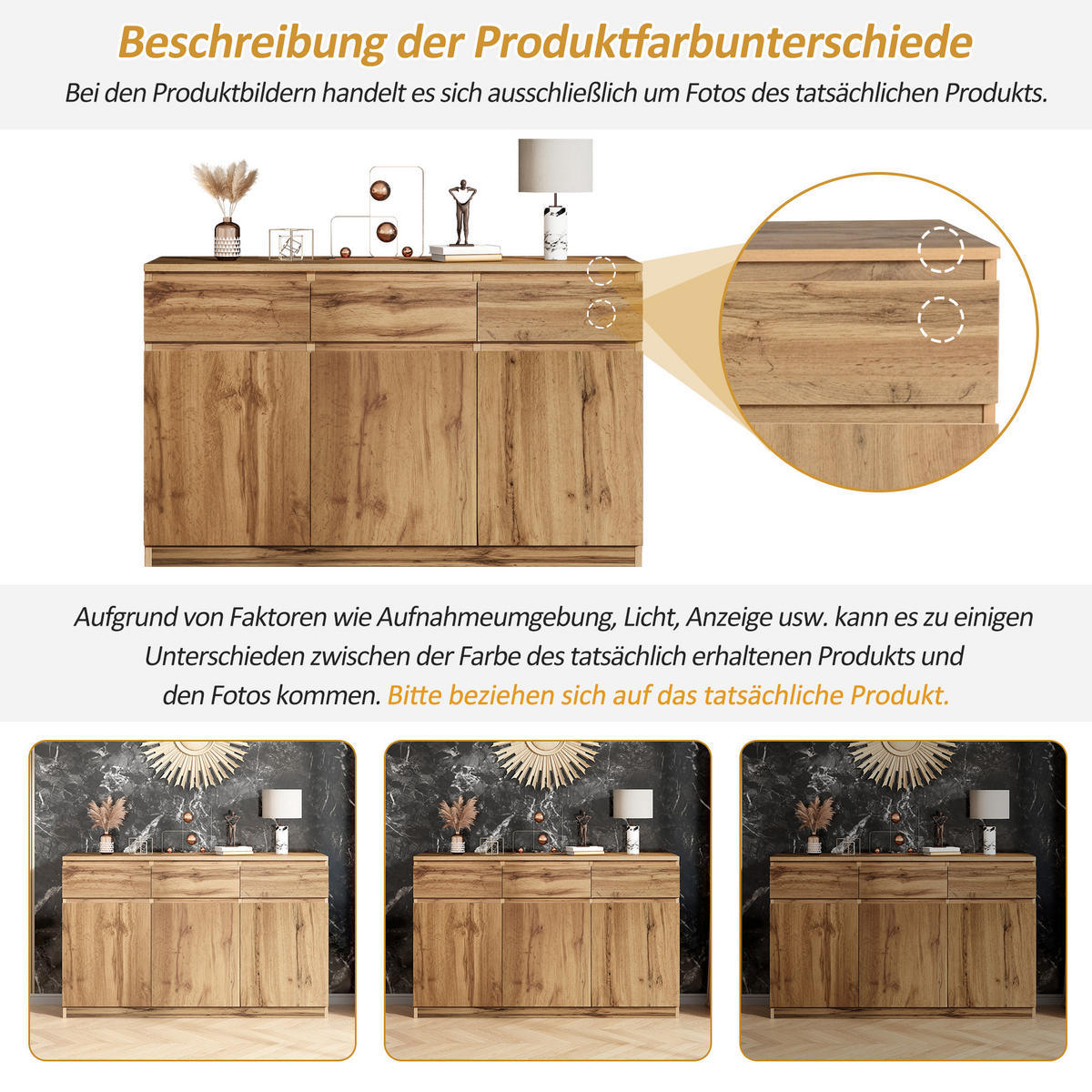SIDEBOARD in Naturfarben Anrichte mit 3 Türen und 3 Schubladen für Wohnzimmer, B135/T40/H81cm - Naturfarben, Holzwerkstoff (135/81/40cm) - STILVORA